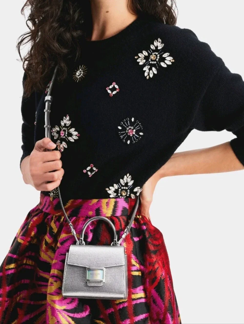 Kate Spade Katy Lizard Embossed Micro Crossbody Leather Silver